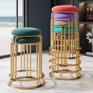 Modern Stackable Round Bar Stools – Golden Frame with Colorful Cushions